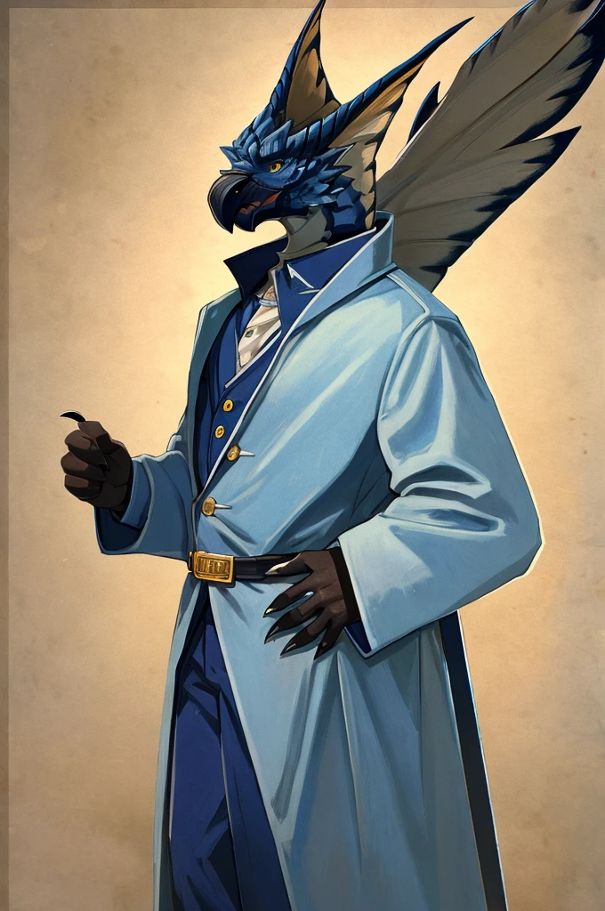A Legiana as a German official posing for a portrait, white-blue uniform, clawed fingers, 4 fingers, 1900s photograph, long coat, open coat, blue outlining, padded fingers, golden-blue belt, tail, yellow eyes,