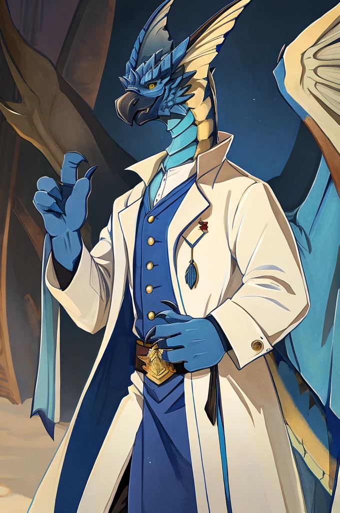 A Legiana as a German official posing for a portrait, white-blue uniform, clawed fingers, 4 fingers, 1900s photograph, long coat, open coat, blue outlining, padded fingers, golden-blue belt, tail, yellow eyes,