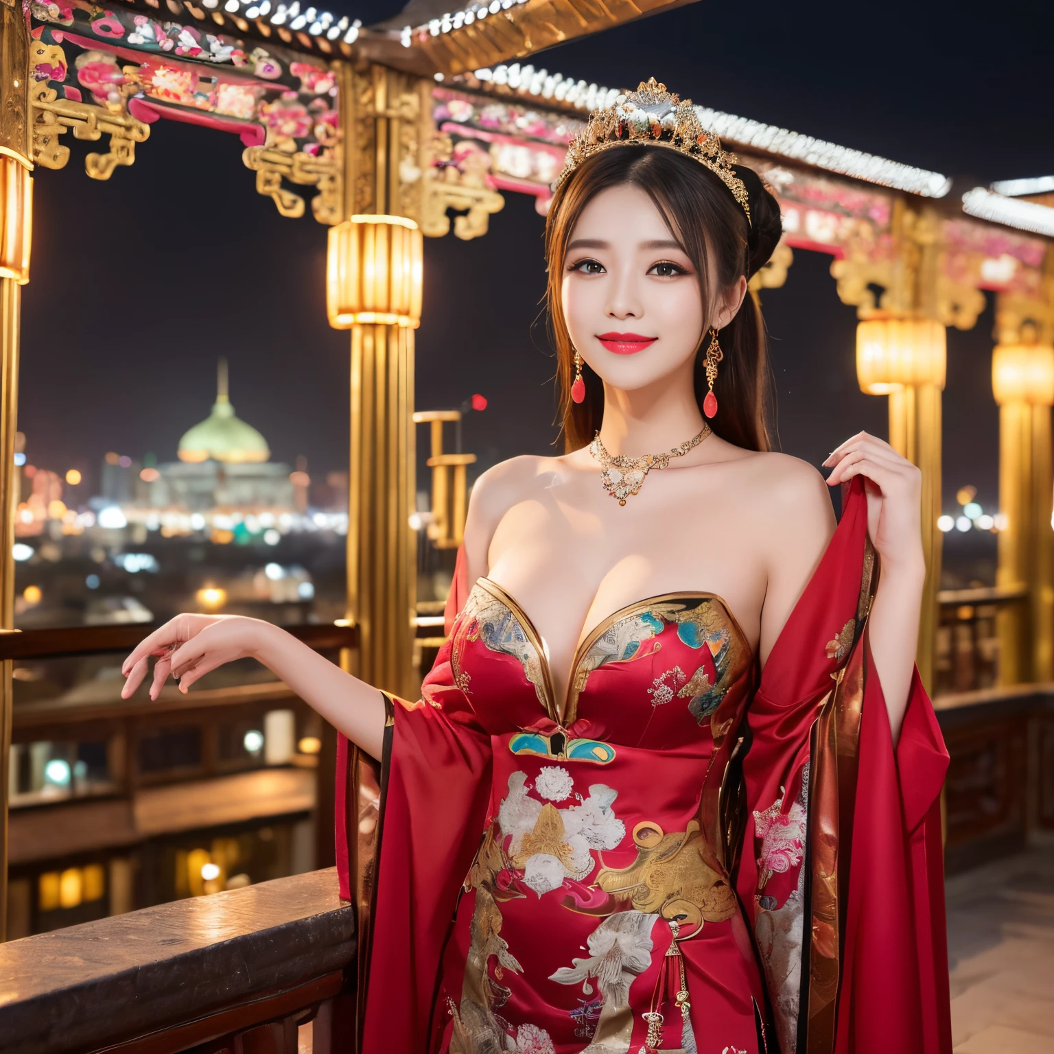 ((top-quality、masutepiece、8K、Top image quality、Highly complex and detailed depictions))、(Photo of the upper body of a Chinese queen:1.3)、The gorgeous city of Chang'an at night、((The most gorgeous Chinese queen's huge costume、the most vivid and luxurious costumes、big long costume、The most luxurious and huge capital of Chang'an、The real capital of Chang'an、Gorgeous architecture of ancient China、The ancient capital of Chang'an shines red、An unimaginably luxurious building、A very luxurious and huge city、huge city at midnight、Very complex decoration、very clear huge architecture))、(View me、Bewitching smile、Perfect makeup、long eyelashes、lipsticks、Pink eyeshadows、perfect anatomia、A slight smil)、(Clear and luxurious capital background:1.3)