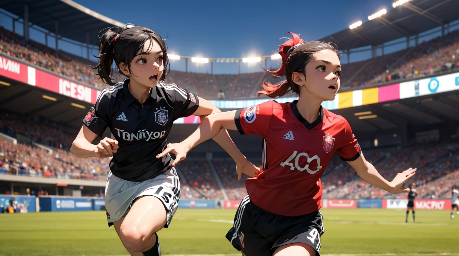 un wallpaper de un partido de soccer femenil donde este la mejor jugadora al frente se ve increible muy detallada 4k corriendo jugando al fondo desenfocado se ve el resto de las jugadoras en un estadio de futbol de noche hay mucha gente en las gradas los uniformes son negros con rojo