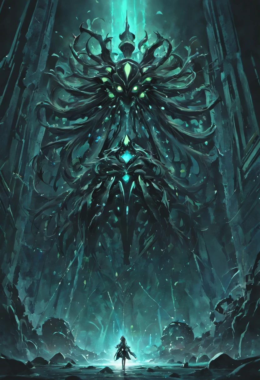 The black slime converges into a clump，Thick black liquid drips from the huge eyes，Black tentacles rise from the ground，dreamy glow，armour，crystals,a huge stone door,gate to hell