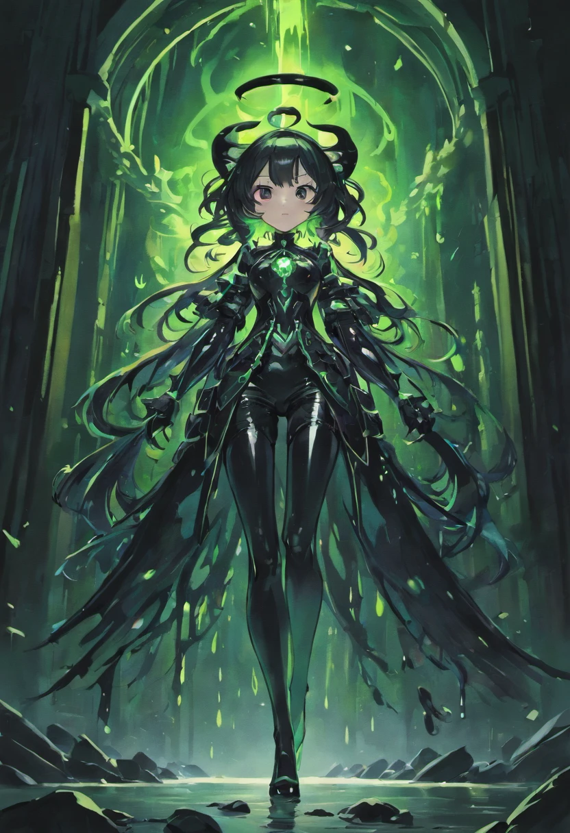 The black slime converges into a clump,Thick black liquid drips from the huge eyes,Black tentacles rise from the ground,dreamy glow,armour,crystals,a huge stone door,gate to hell
