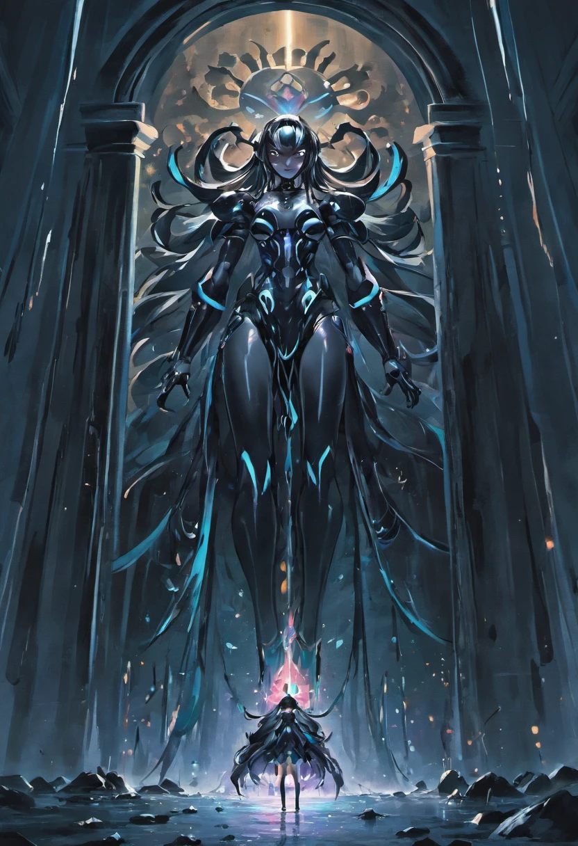 The black slime converges into a clump,Thick black liquid drips from the huge eyes,Black tentacles rise from the ground,dreamy glow,armour,crystals,a huge stone door,gate to hell