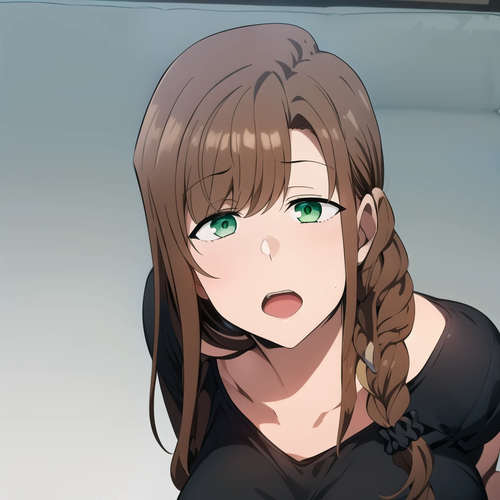 hd, masterpiece, best quality, 1girl, solo, long hair, ((black shirt)), opoened mouth, brown hair, braid , ears, worried, detailed green eyes, opened mouth, braid, scrunchie, ((living room)), sitting on a couch