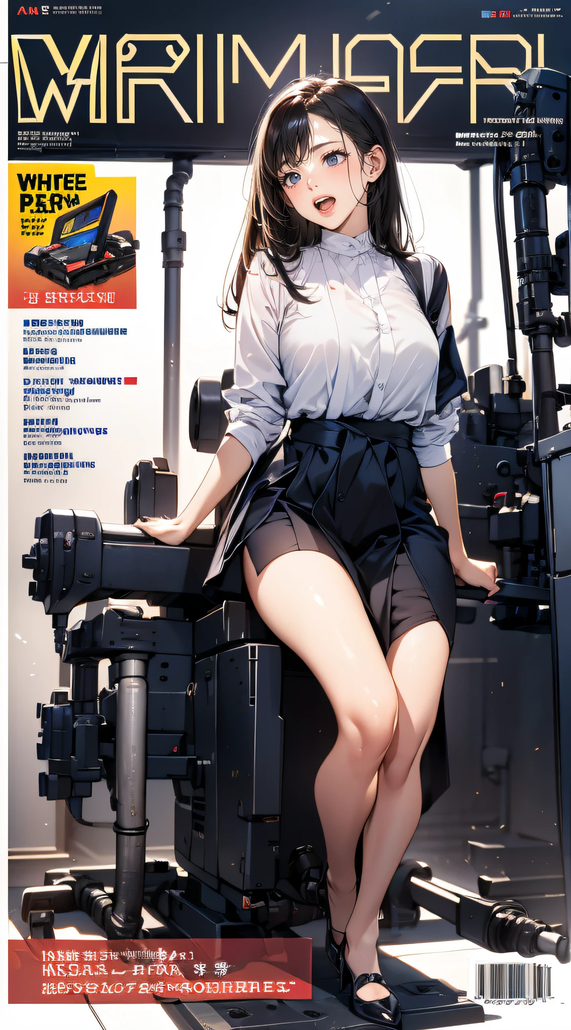 (((magazine's cover))), (large title), (many heading), (white border), (whole body), straddling to hit her crotch on exposed pipe, open legs, raise leg, open mouth, masturbation, orgasm face, in the factory, machines, ceiling