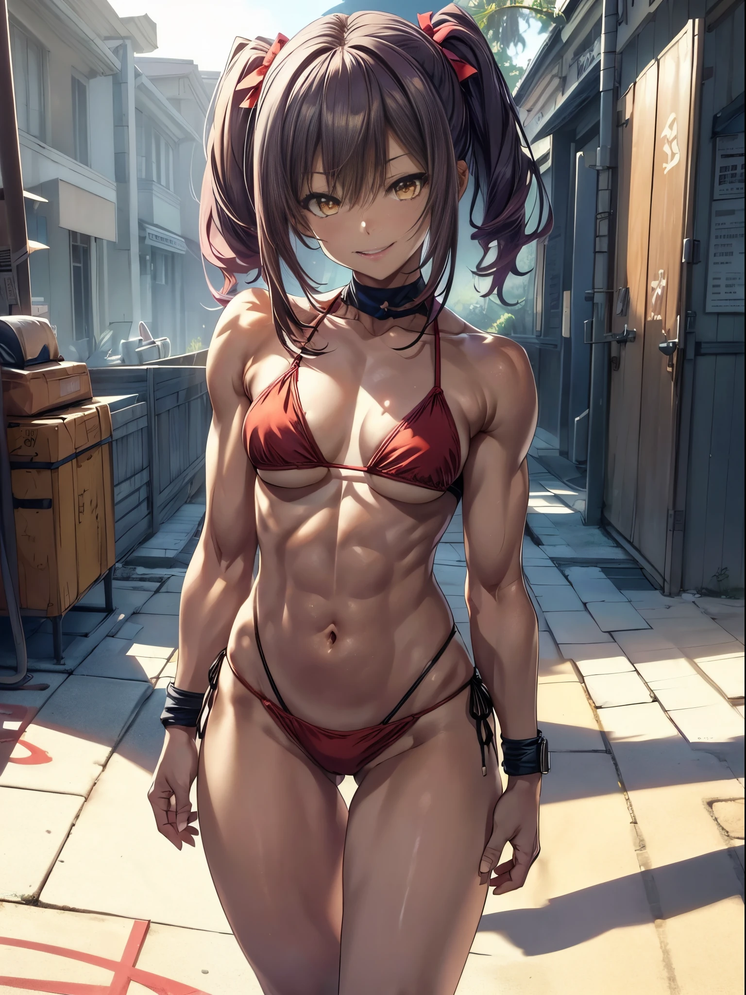 (1 girl), mischievous smile, on the beach, (muscular ???), (small waist), (big ???), (((Ichika Amasawa))), red ribbons in her hair, ((wide yellow eyes)), good ???????, perfect hands, (((perfect, muscular legs))), (((wearing a short ??????))), thin waist, muscular abdomen, wearing black high heel shoes, full body photo, (standing) , elongated eyes, eye reflection, anime, anime style, ray tracing, luminous lighting, panorama, Sony FE, 8k, Hard Udisk, Hard Udisk, master piece, ccurate, anatomically correct, textured skin, Super Detail, High Details, high quality, high, hard, 16k