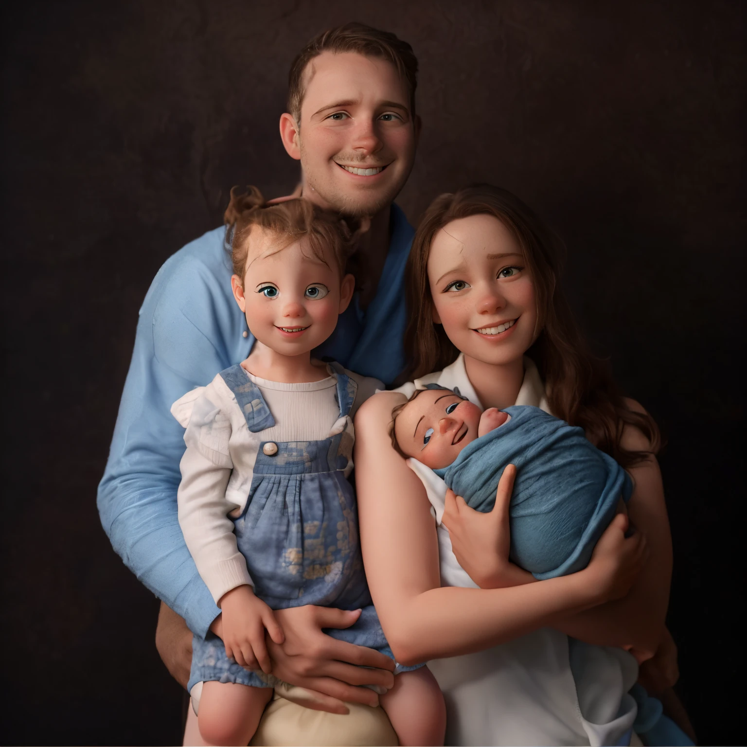 Group of four posing for a picture. The man is holding a girl and woman is holding a new born in her . The new born baby is wra blue towel. the man and woman are both smiling. The group appears to be posing indoors against a wall. vibrant color and 4k quality image in 3d disney pixar style