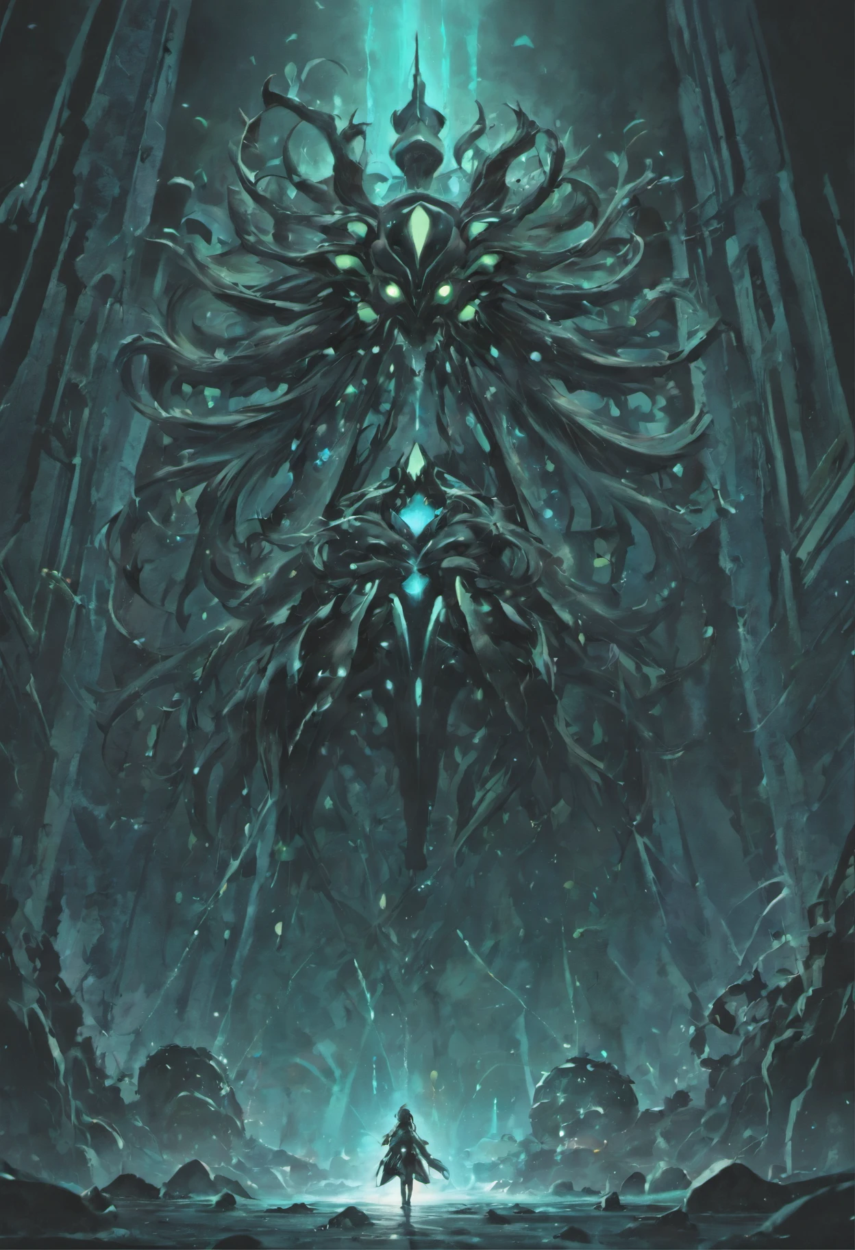 The black slime converges into a clump，Thick black liquid drips from the huge eyes，Black tentacles rise from the ground，dreamy glow，armour，crystals,a huge stone door,gate to hell