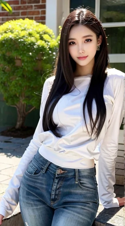 (goddess-like happiness:1.2), Kpop idol, full body, floating hairs, dynamic poses, (RAW photo:1.2), (photorealistic:1.4), (masterpiece:1.3), (intricate details:1.2), (white shirt and jeans:1), beautiful detailed, (detailed eyes), (detailed facial features), (20 years old female), petite, small breasts, narrow waist, (looking_at_viewer:1.4), from_front, slim_legs, (best quality:1.4), (ultra highres:1.2), cinema light, outdoors, (extreme detailed illustration), (lipgloss, eyelashes, best quality, ultra highres, depth of field, caustics, Broad lighting, natural shading, 85mm, f/1.4, ISO 200, 1/160s:0.75)