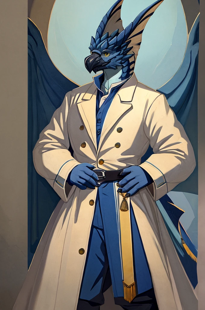 A Legiana as a German official posing for a portrait, white-blue uniform, clawed fingers, 4 fingers, 1900s photograph, long coat, open coat, blue outlining, padded fingers, golden-blue belt, tail, yellow eyes, front view,