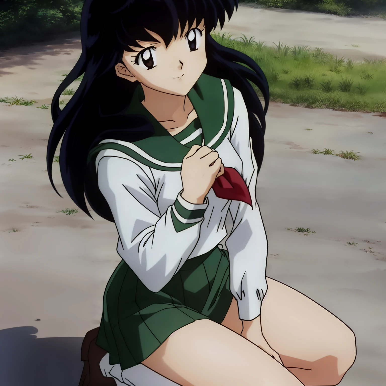 Best quality, masterpiece, HD, Kagome Higurashi, 1girl, school uniform, full body, young girl, full body , ((Anime)), ((colored)), breast, smile , thighs soft , red scarf , green skirt