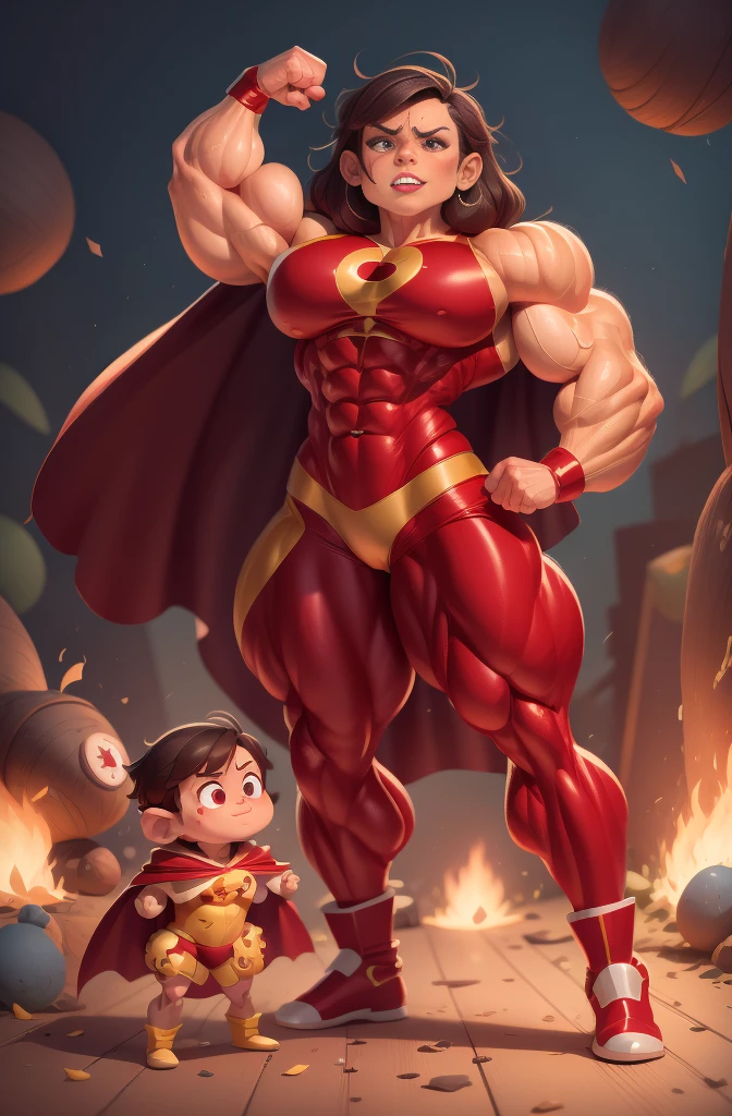 brunette muscle woman flexing muscles wearing superhero outfit with cape, muscle woman, big muscles, huge muscles, massive muscles, mature woman