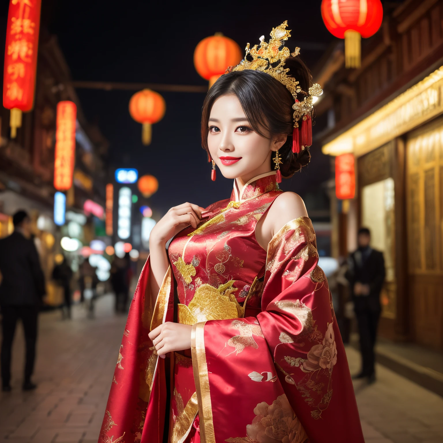 ((top-quality、masutepiece、8K、Top image quality、Highly complex and detailed depictions))、(Photo of the upper body of a Chinese queen:1.3)、The gorgeous city of Chang&#39;an at night、((The most gorgeous Chinese queen&#39;s huge costume、the most vivid and luxurious costumes、big long costume、The most luxurious and huge capital of Chang&#39;an、The real capital of Chang&#39;an、Gorgeous architecture of ancient China、The ancient capital of Chang&#39;an shines red、An unimaginably luxurious building、A very luxurious and huge city、huge city at midnight、Very complex decoration、very clear huge architecture))、(View me、Bewitching smile、Perfect makeup、long eyelashes、lipsticks、Pink eyeshadows、perfect anatomia、A slight smil)、(Clear and luxurious capital background:1.3)