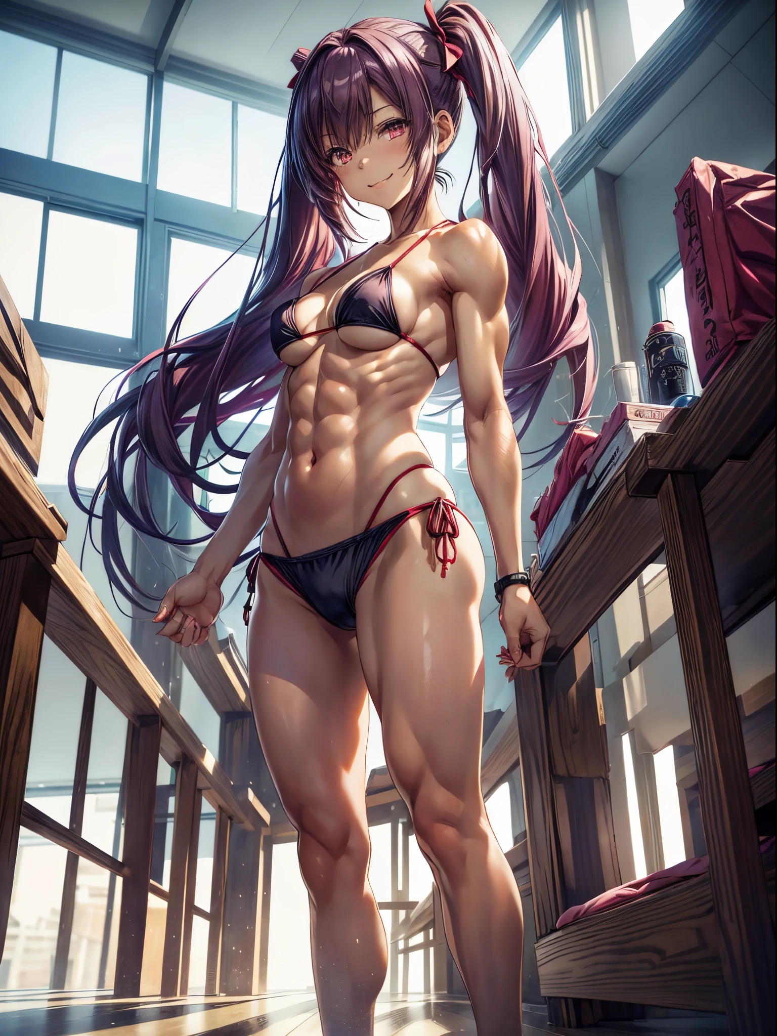 (1 girl), mischievous smile, on the beach, (muscular ass), (small waist), (big ass), (((Ichika Amasawa))), red ribbons in her hair, magenta hair, twintails, ((eyes bright yellow)), good anatomy, perfect hands, (((perfect, muscular legs))), (((wearing a short bikini))), thin waist, muscular abdomen, wearing black high heel shoes, full body photo , (standing), elongated eyes, eye reflection, anime, anime style, ray tracing, luminous lighting, panorama, Sony FE, 8k, hard udisk, hard udisk, master piece, ccurate, anatomically correct, textured skin, Super Detail, High Details, High Quality, High, Hard Drive, 16k