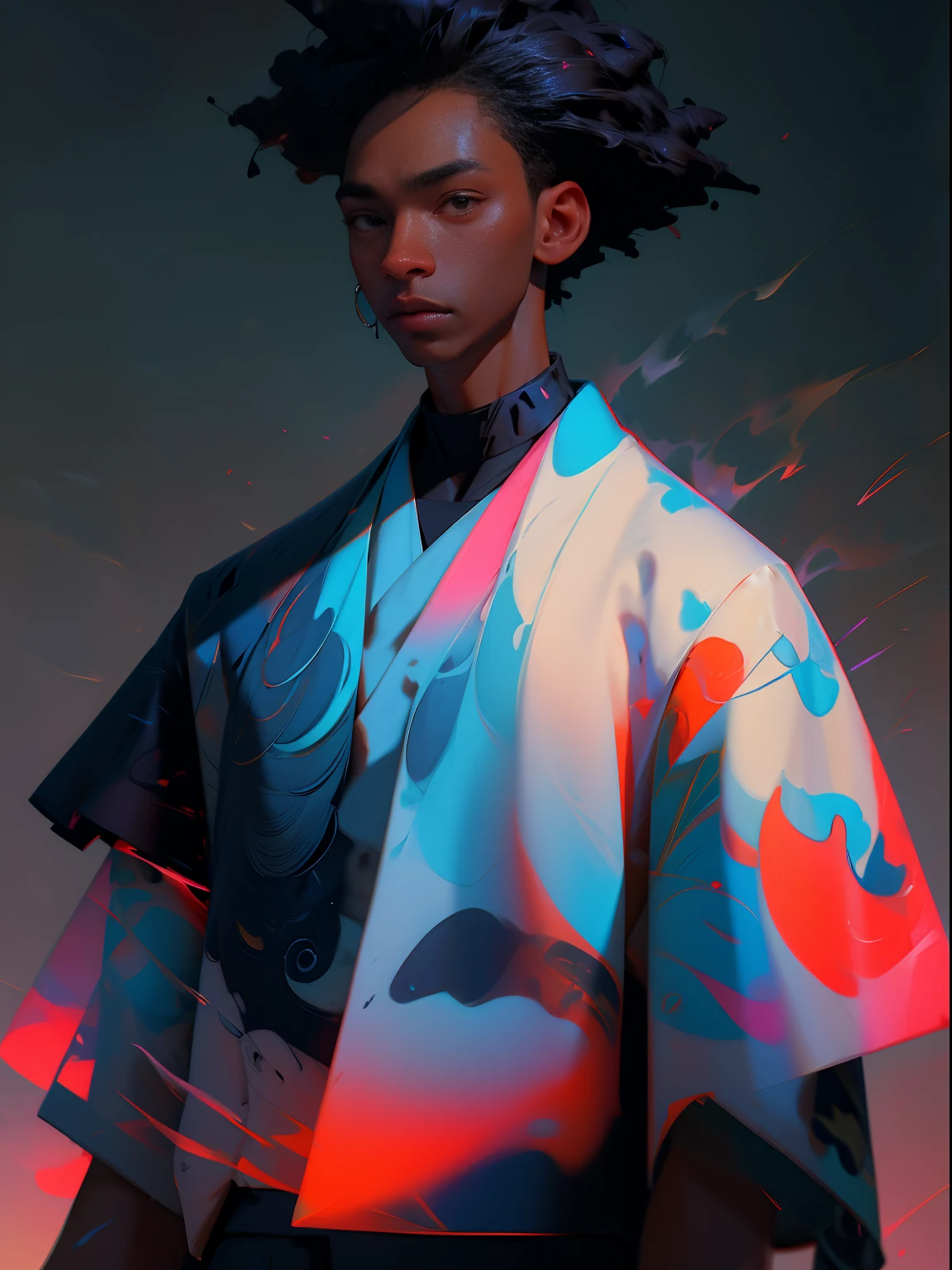 a black man wearing Balenciaga clothes, abstract, avant-garde style, reinterpretation of hanbok, street photography, (upper body), oil paintings, ultra-high detailed, 8k, colorful background, fog, mist, long exposure, lens flare