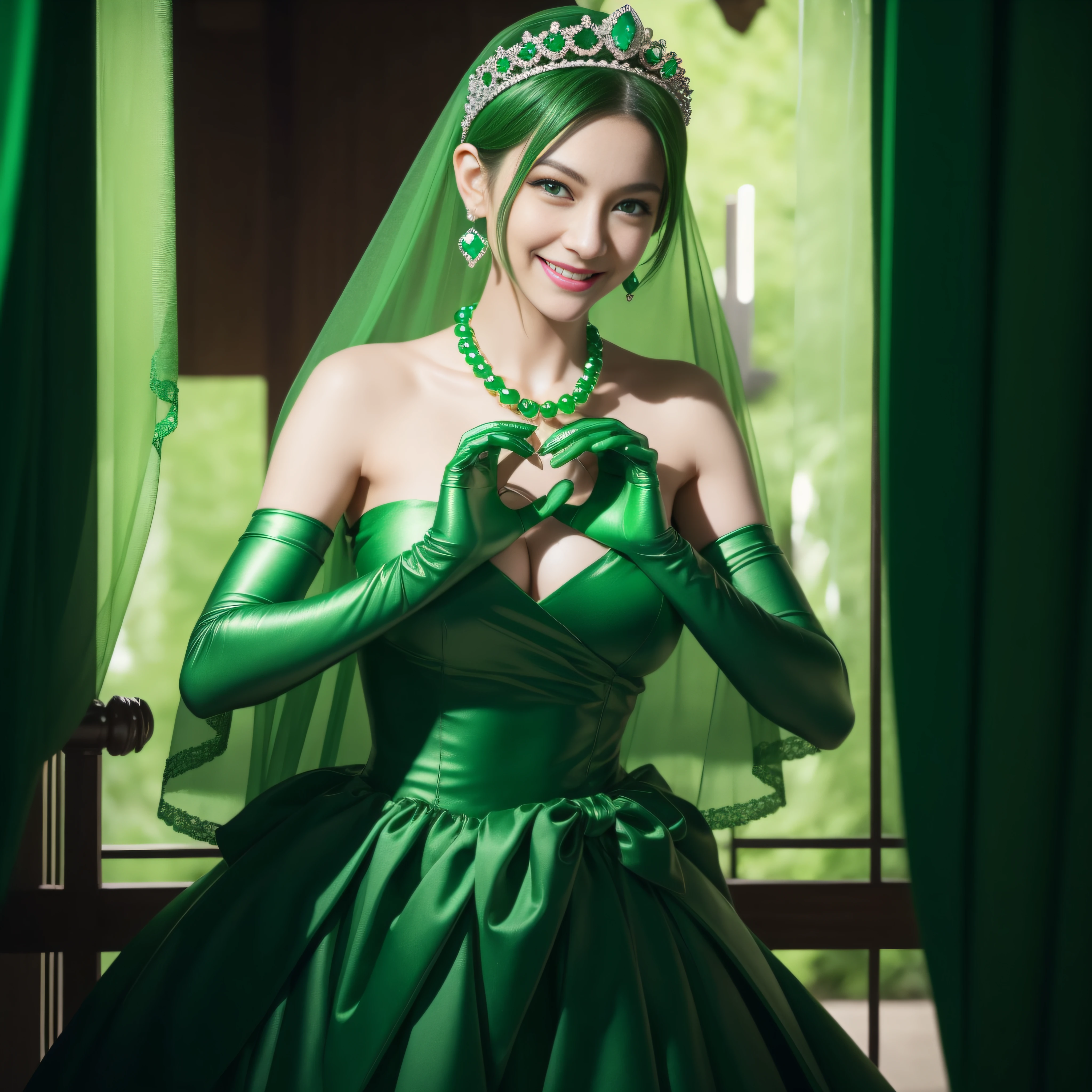 emerald tiara, Green Pearl Necklace, Boyish very short green hair, lipsticks, Japan woman smiling, very short short hair,  big breasts beautiful, Green eyes, Long green gloves made of satin material, Green eyes, Emerald Earrings, green vale, Heart with both hands