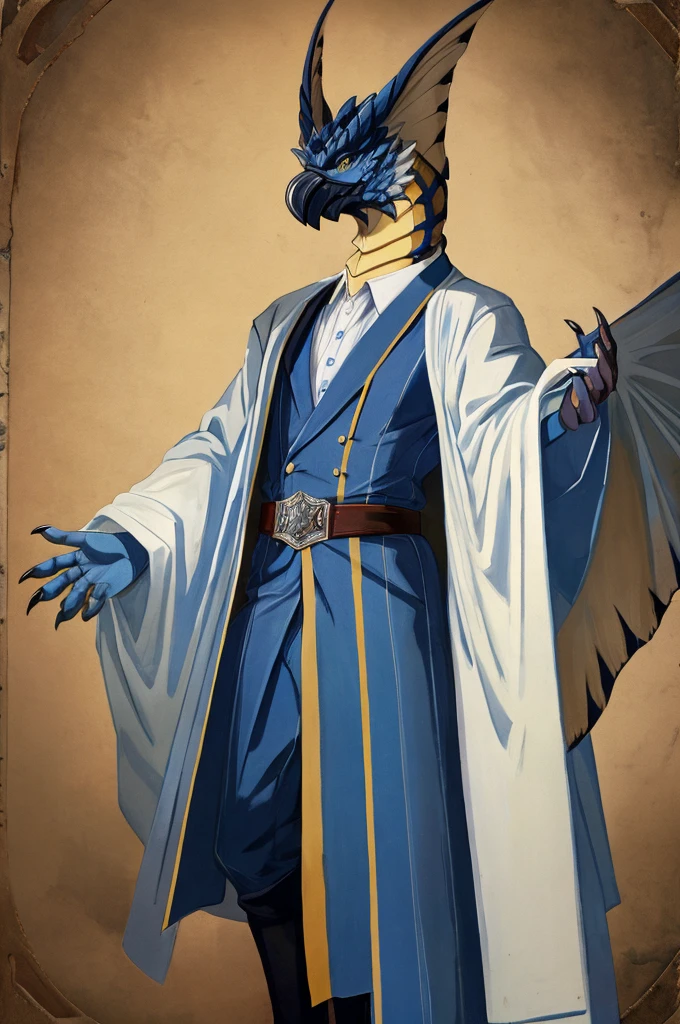 A Legiana as a German official posing for a portrait, white-blue uniform, clawed fingers, 4 fingers, 1900s photograph, long coat, open coat, blue outlining, padded fingers, golden-blue belt, tail, yellow eyes, front view,