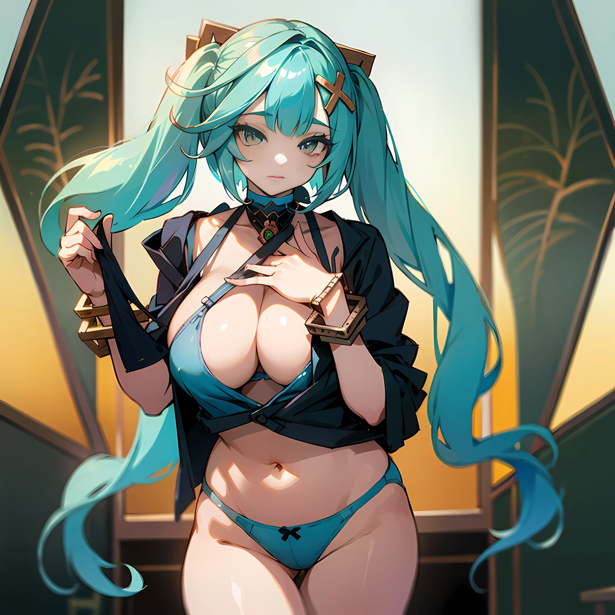 thicc,((scantily clad,Wear bras and panties))) Mount Faro,Long gray hair,((Hair is turquoise gradient)),Multicolored eyes, Gradient eyes,hair adornments, dual horsetail, x hair ornamen, jewely, bangle, ((schools, Technical room, plant in the background)),Wallpapers, Colossal tits, high high quality, A high resolution,