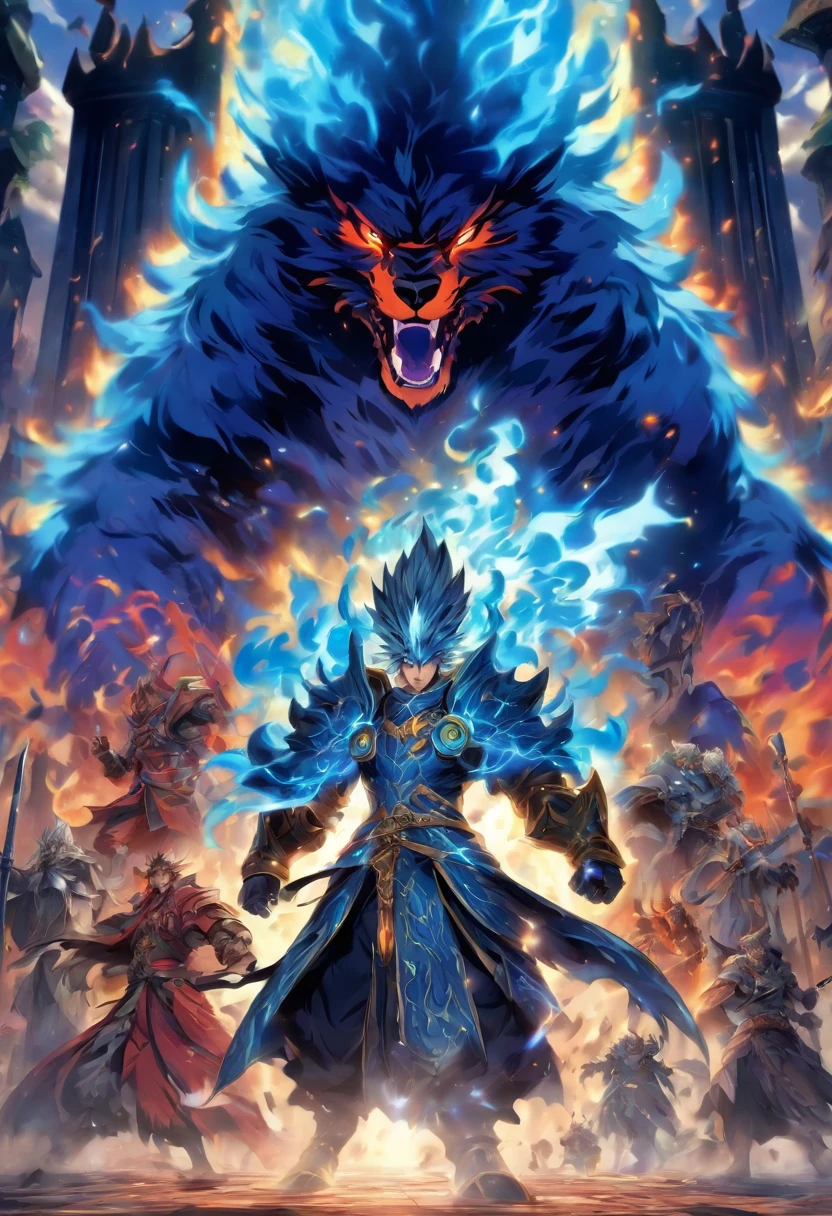 fantasy characters, full art illustration, full portrait of elementalist, character art, Official character art, Official character illustrations, merlin, Very detailed official artwork, Game buttons, ounce, mobile game art, Mean face, Spiked Dark Armor, Walking posture, blue flame, A huge stone door in the background,The Gates of Purgatory,The three-headed hell dog that breathes fire,A hound with an atomized body,A vicious looking dog