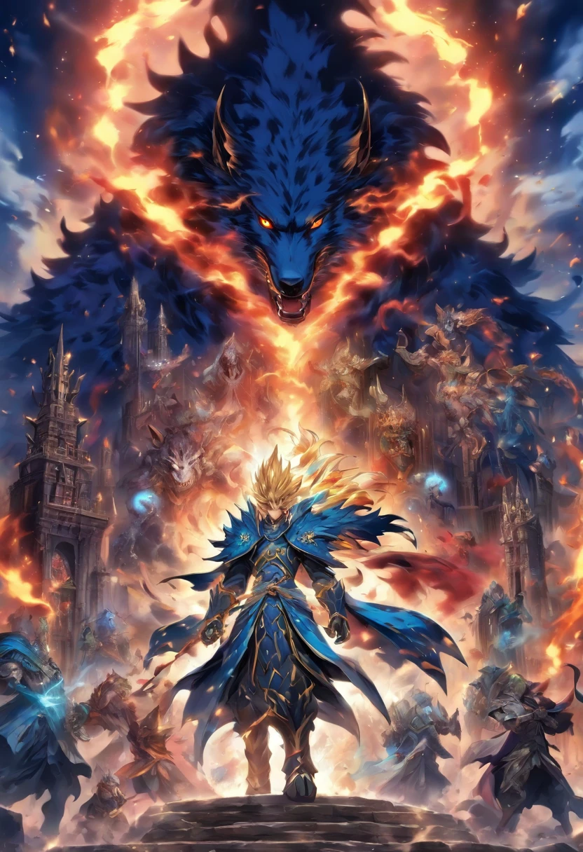 fantasy characters, full art illustration, full portrait of elementalist, character art, Official character art, Official character illustrations, merlin, Very detailed official artwork, Game buttons, ounce, mobile game art, Mean face, Spiked Dark Armor, Walking posture, blue flame, A huge stone door in the background,The Gates of Purgatory,The three-headed hell dog that breathes fire,A hound with an atomized body,A vicious looking dog