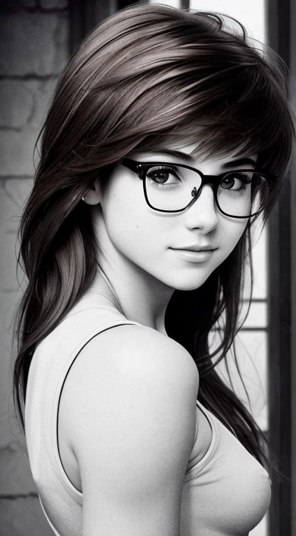 Realistic monochrome photography in 80s style..........., tmasterpiece, Soviet erotica; Cute Russian brown eyed virgin 18 years old.........., unscrupulous, Shameless, no complexes, punk, Lesbian, naturist, exhibitionist, beautiful detailed round face, Large shiny realistic dark brown eyes, eyeglasses(There are lenses in the glasses, Realistic glare of light on the glass), beautiful proportional small wide nose, sweet cheerful smile, Parted sensual plump lips, plump cheeks, Round chin, suntanned skin, beautiful fullness, slightly wavy medium length brown hair with scarlet streaks (Rebellious 80s rocker hairstyle), Very small stature, with realistic very small breasts, aesthetic completeness, beautiful trained body, nice belly, small navel, hairy pubic, long translucent T-shirt dress with thin straps without underwear; (full - body, including legs), seductive pose of a man standing at full height among the deserted ruins of a destroyed settlement, desolation, detritus, mud, garbage, postapocalypse, many small environmental details, intricate detials, sharp-focus, natural lightin, high quality textures; Realistic texture of human skin (pores, Mimic folds, wrinkles), Monochrome image from a distance of several meters from the girl
