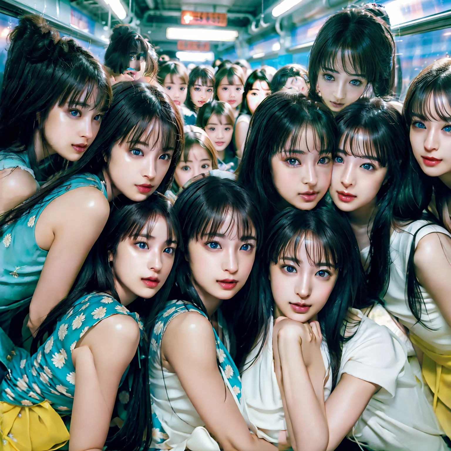 Raw photo、(((multiple girls))),((((6+girls)))),((((1000girls)))),(((10000girls)))、(((crowd shot))),((a )),(((Adhesion)))、((Crammed))、((Packed))、elementarthe crowded train)、(((6 years old)))、Women only、japme height))、The same face、((A dark-haired)),Longhaire、1000 cute women hugging and loving each other、(((Large group)))、((chiquita))、sweating、A crowded train full of little girls