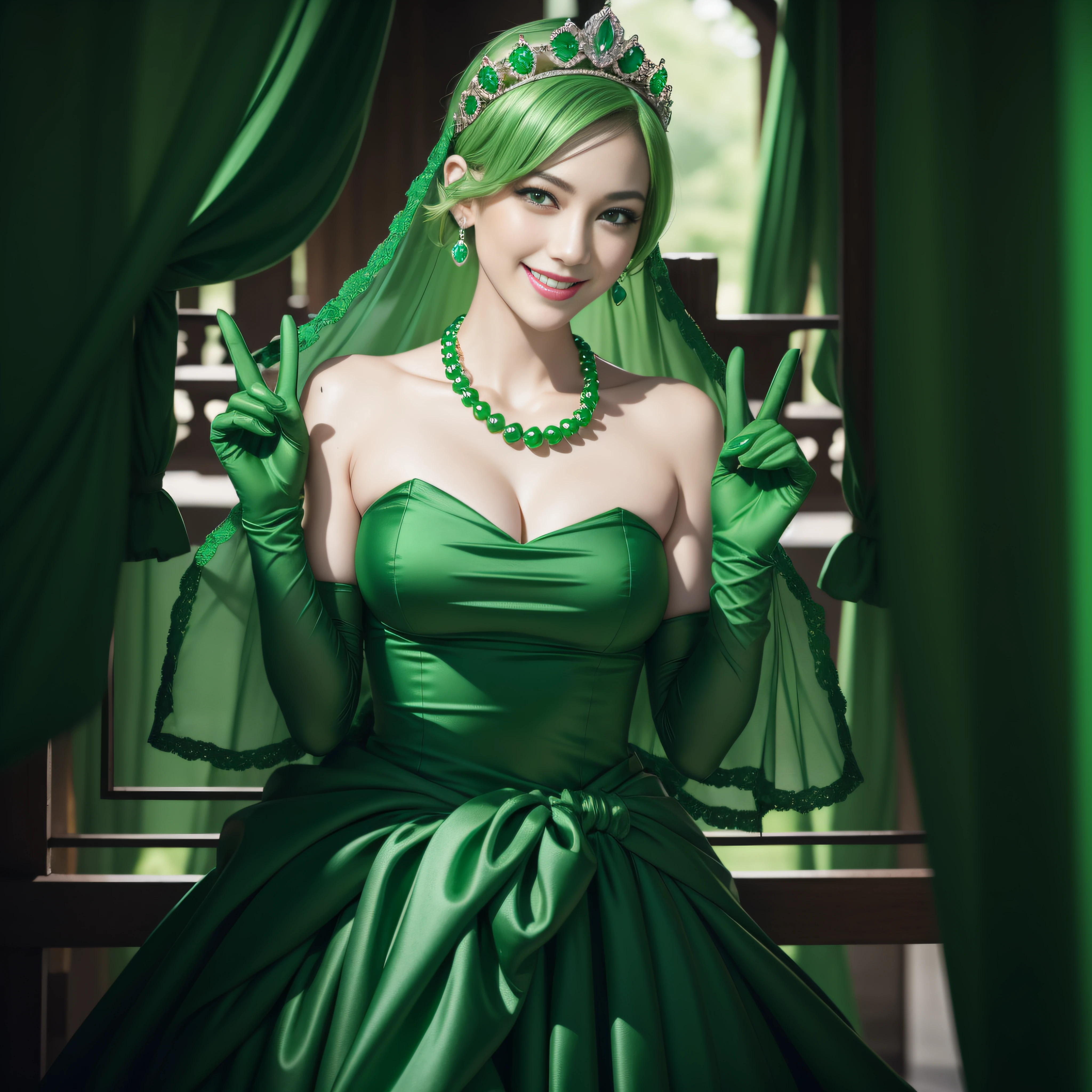 emerald tiara, Green Pearl Necklace, Boyish very short green hair, lipsticks, Japan woman smiling, very short short hair, ??????????? beautiful, Green eyes, Long green gloves made of satin material, Green eyes, Emerald Earrings, green vale, v sign