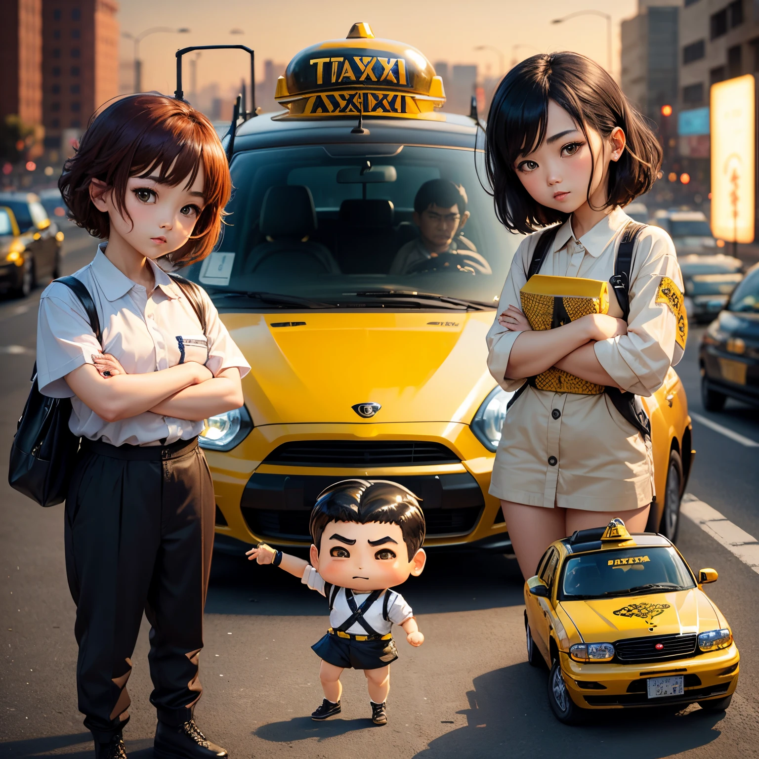 ​masterpiece、top-quality、ultra-detailliert、(chibi character taxi driver:1.2)、character taxi