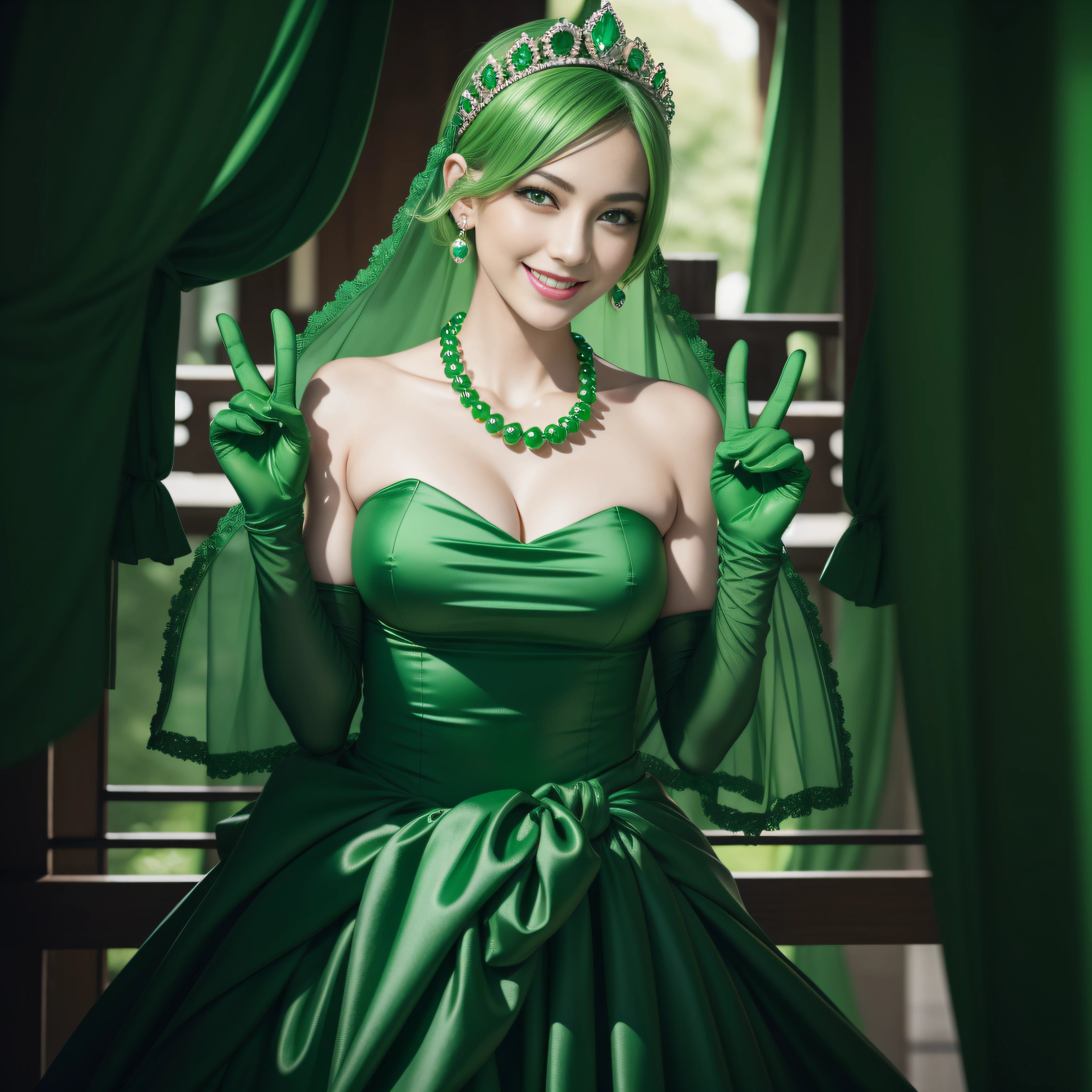 emerald tiara, Green Pearl Necklace, Boyish very short green hair, lipsticks, Japan woman smiling, very short short hair, big breasts beautiful, Green eyes, Long green gloves made of satin material, Green eyes, Emerald Earrings, green vale, v sign