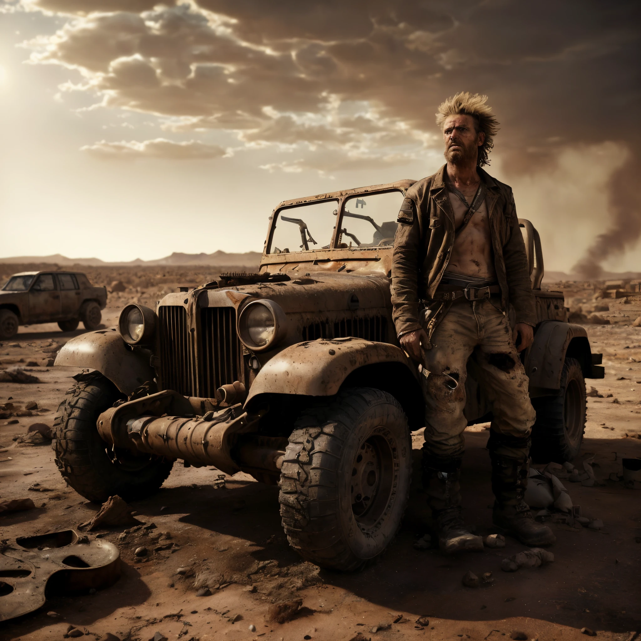 homem, desert, apocalyptic scenery, detailed car, dust clouds, intense heat, rugged terrain, rusty metal, cracked ground, sun-blazed, desolate, post-apocalyptic vibe, dystopian landscape, worn-out tires, makeshift modifications, worn leather seats, grizzled warrior, determined expression, wild hair, rugged appearance, sandstorm in the background, sun setting over the horizon, desolation, abandoned buildings in the distance, solitary figure, haunting atmosphere, gritty, epic adventure, survival, intense action, harsh conditions, wasteland, nomadic warrior, brave and resourceful, adrenaline-fueled, fierce determination, powerful engine roar, roaring engine, dusty windshield, post-industrial, distressed metal, courageous, vast emptiness, limitless possibilities, high-octane excitement, rugged beauty, desolate wasteland, end of civilization