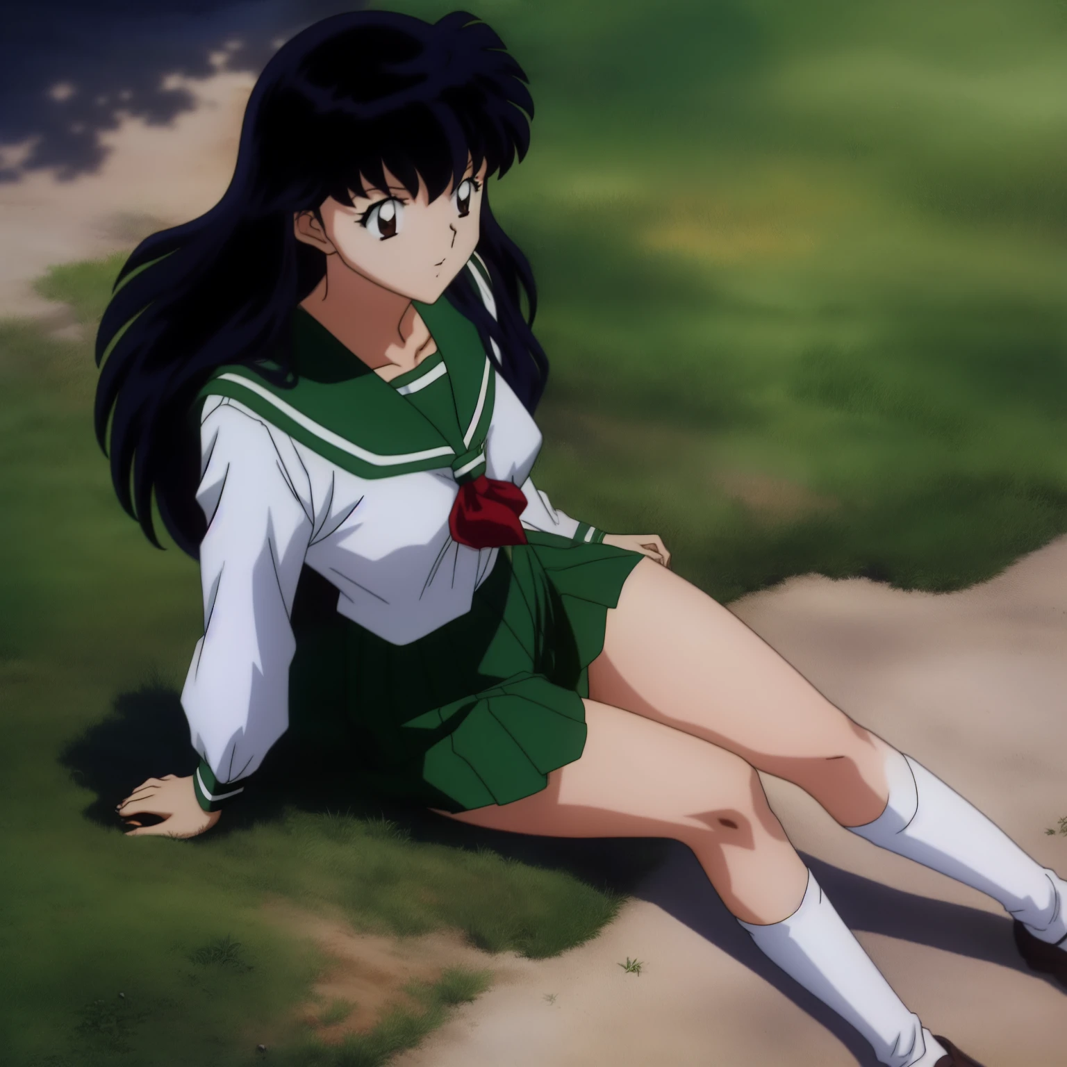 Best quality, masterpiece, HD, Kagome Higurashi, 1girl, school uniform, full body, young girl, full body , ((Anime)), ((colored)), breast, smile , thighs soft , red scarf , green skirt