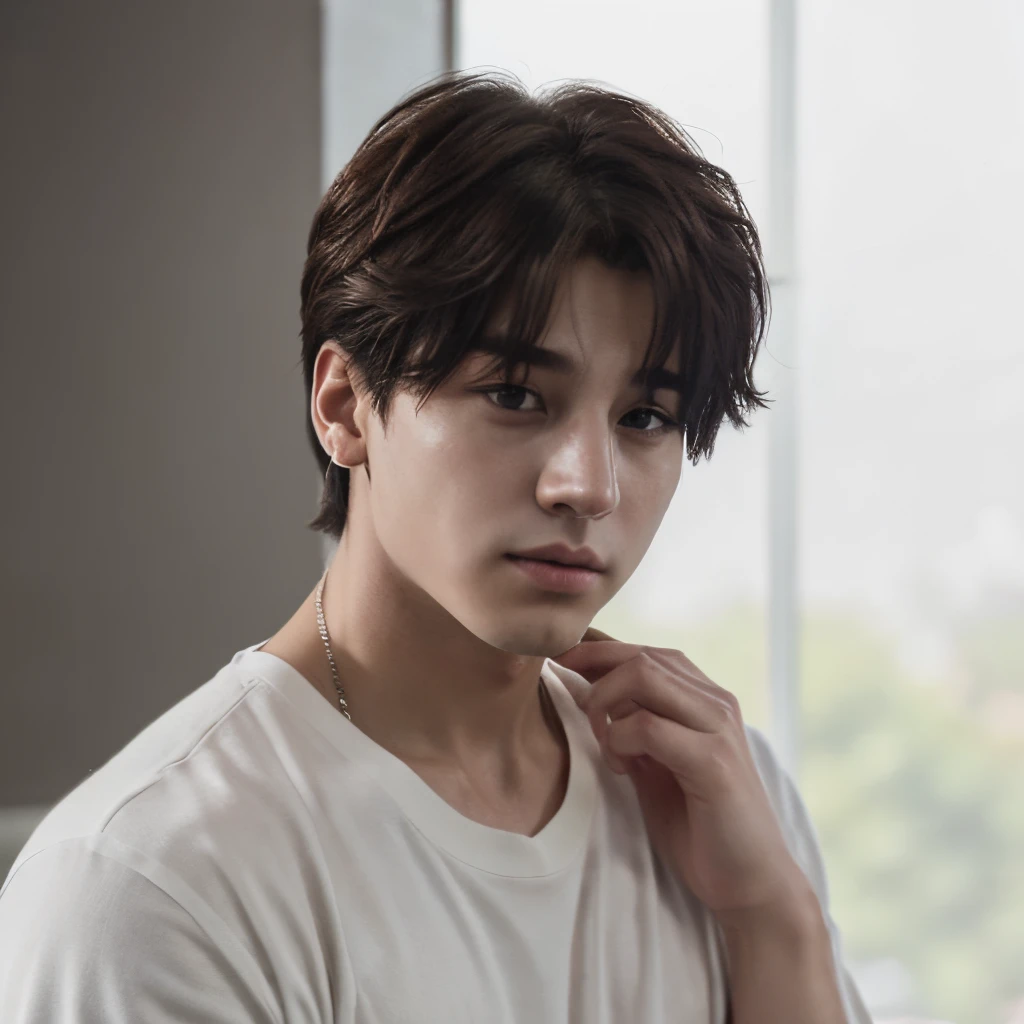 Parte superior de Jeon Jungkook con cabello largo sin camiseta, mirando al frente y con un fondo blanco