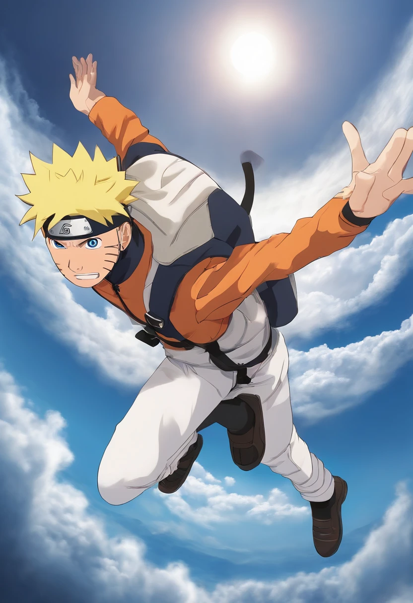 A photo of our hero skydiving through the clouds, with the earth below,Naruto Shippuden,Naruto, male