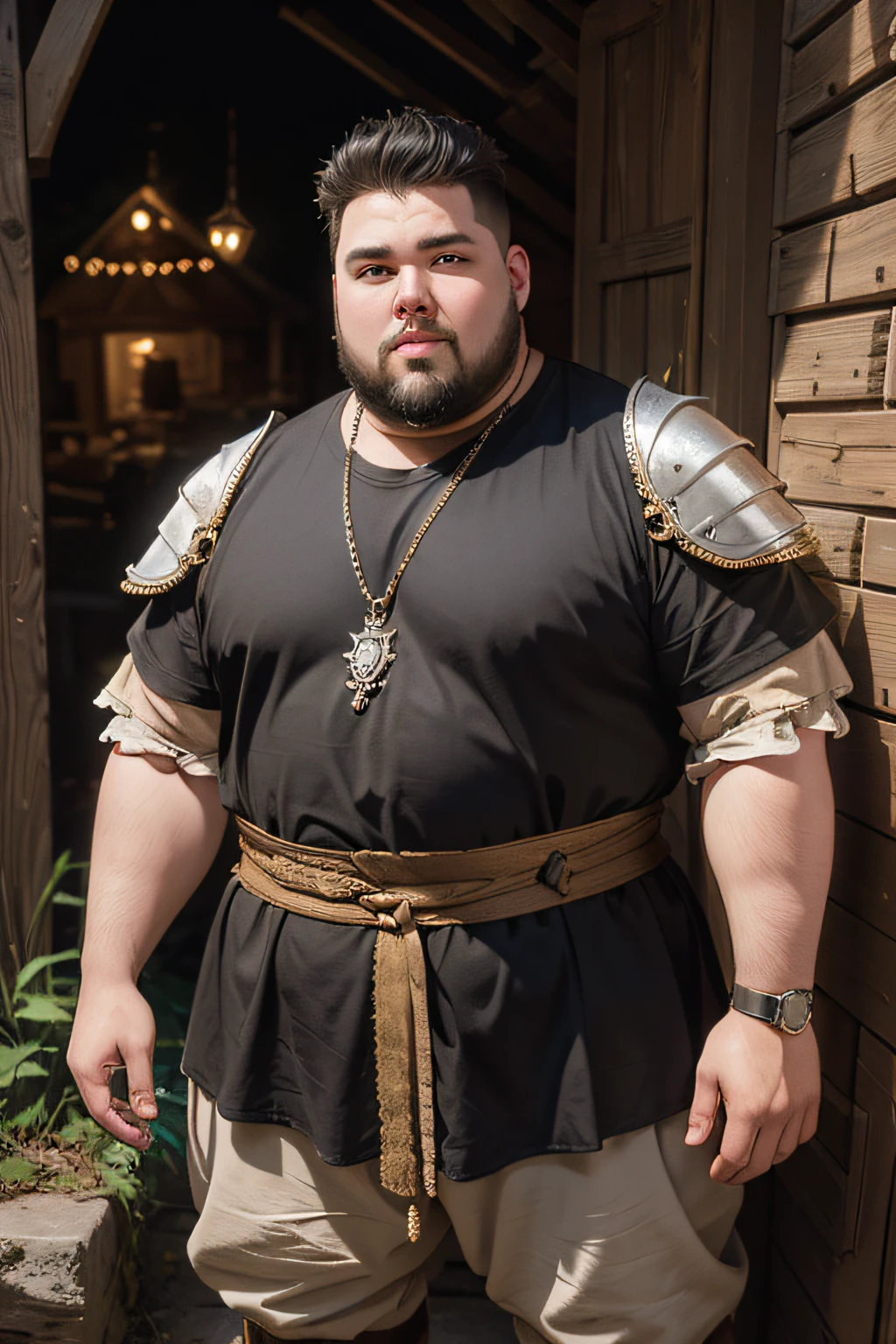 Masterpiece, ultrarealistic, a photo of big fat guy, wear chain armor, chubby cheeks, mohawk hair, posing, fullbody, villager, medieval clothes, solo focus, medieval theme, dark village background Waiting to start