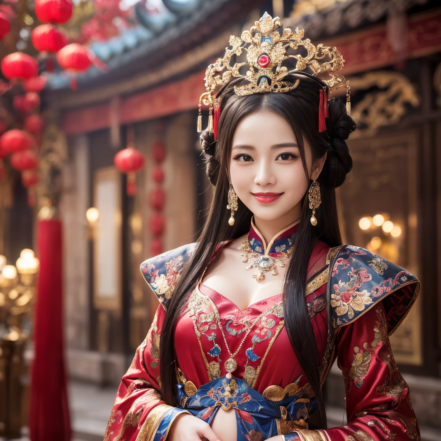 ((top-quality、masutepiece、8K、Top image quality、Highly complex and detailed depictions))、(Chinese queen full body photo:1.3)、late pregnancy、Bulging belly、pregnant queen、The gorgeous city of Chang'an at night、((The most gorgeous Chinese queen's huge costume、the most vivid and luxurious costumes、big long costume、The most luxurious and huge capital of Chang'an、An unimaginably luxurious building、A very luxurious and huge city、huge city at midnight、Very complex decoration、very clear huge architecture))、(View me、Bewitching smile、Perfect makeup、long eyelashes、lipsticks、Vibrant eyeshadow、perfect anatomia、A slight smil)、(Clear and luxurious capital background:1.3)、the biggest smile when you look at me、beautiful smiling face、smiling queen、Princess hairstyle、A city with a clear background、Depth of field is deep、A city with a clear background