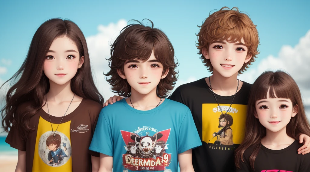 Garoto de 9 anos , messy dark brown hair, blusa azul claro, com uma chave pendurado no pescoso, bermuda cor creme e papetes marrons