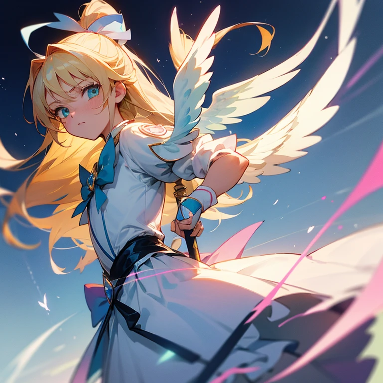 girl with,War Maiden,fight,cute little,strong con,Gentle,Calm,Angel wings,blanche,Precure,girl with sword of light,bro,a cool,Cool,The warm,Mystical,Deities,a blond,Green eyes,kirakira,presence,kosmos,Longhaire,bow ribbon,Pink and light blue colors,European style