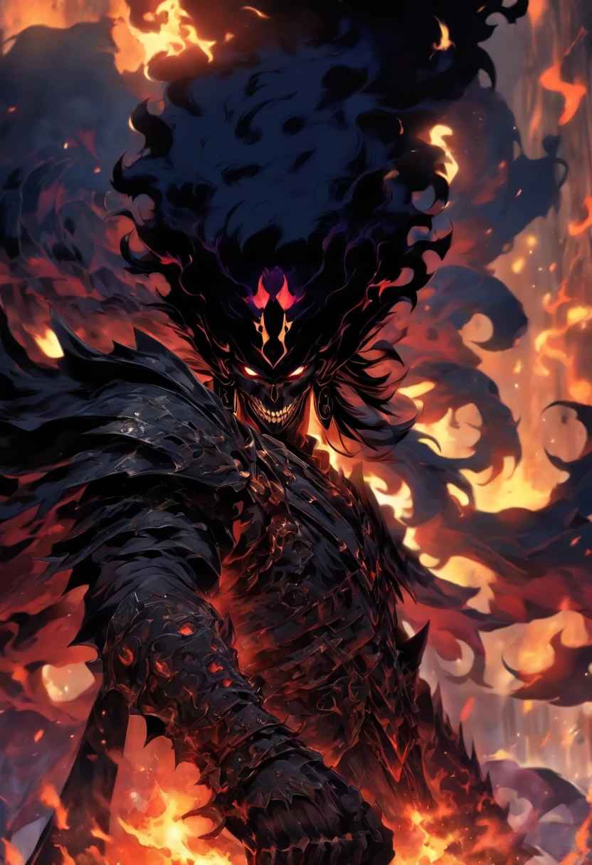 Anime male character with long black hair and white eyes, character album cover, full art,fantasy characters, full art illustration, full portrait of elementalist, character art, Official character art, Official character illustrations, merlin, Very detailed official artwork, Game buttons, ounce, mobile game art, Mean face, Spiked Dark Armor, Walking posture, blue flame, There is a huge gate to purgatory in the background,Hades,Pitch black armor,Skull-carved vambraces,black armor,A hideous looking helmet,lord of hell