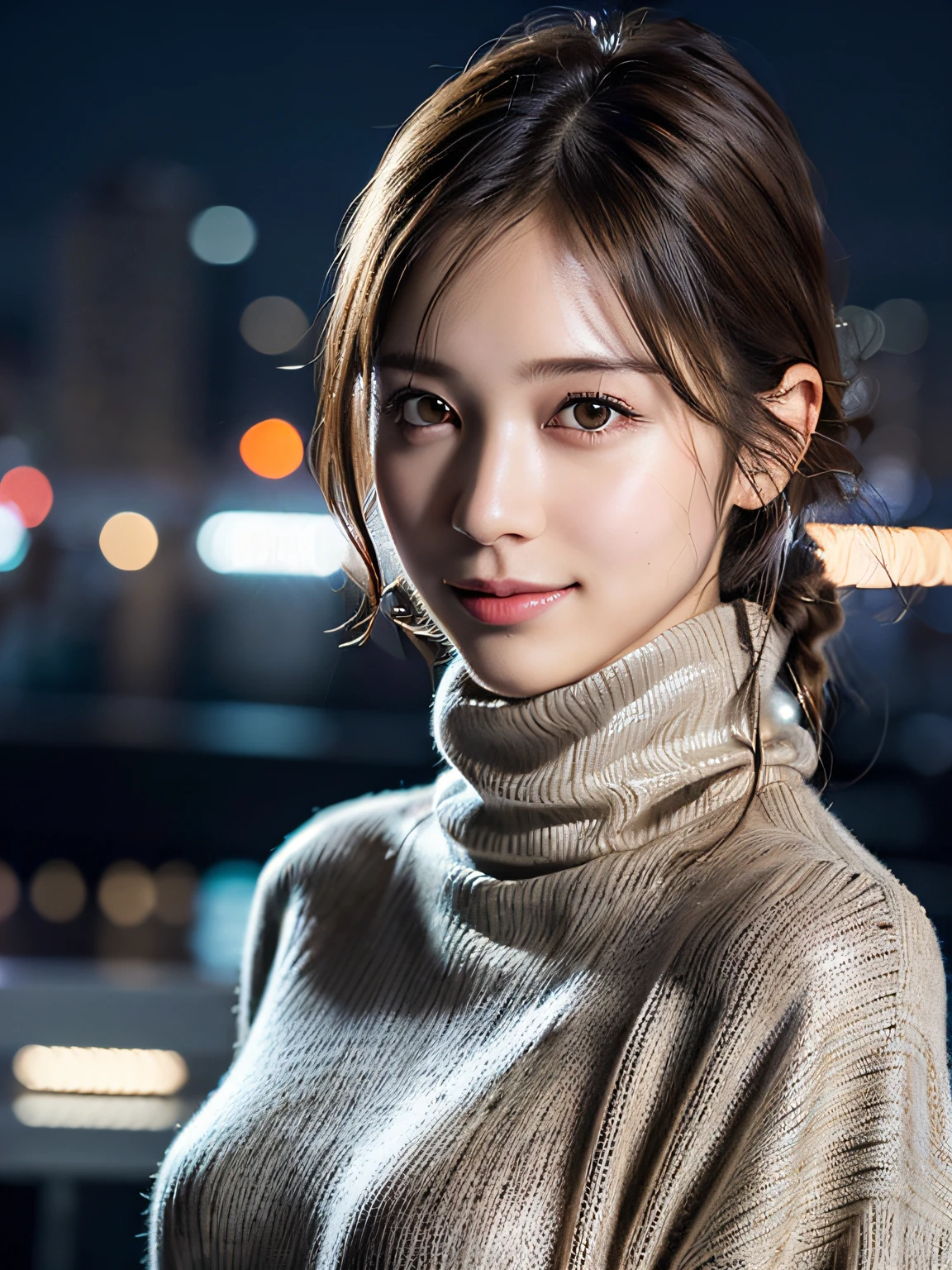 1girl in,(muffler, Turtleneck sweater:1.4),(Raw photo, Best Quality), (Realistic, Photorealsitic:1.4), masutepiece, extremely delicate and beautiful, Extremely detailed, 8k wallpaper, amazing, finely detail, extremely detailed CG Unity, hight resolution, Soft light, Beautiful detailed 19 year old girl, extremely detailed eye and face, beautiful detailed nose, Beautiful detailed eyes,Cinematic lighting,city light at night,Perfect Anatomy,Slender body,Smiling  (hair messy, asymmetrical bangs, light brown hair,)