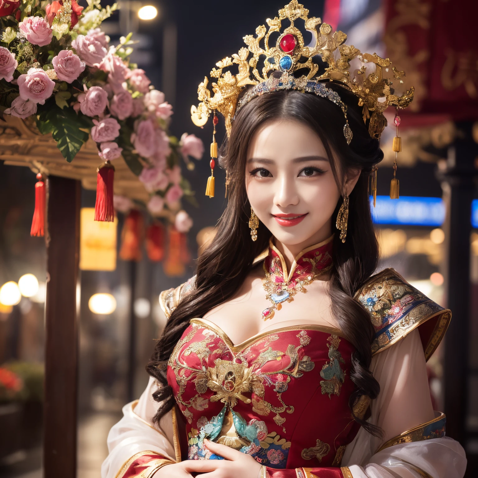 ((top-quality、masutepiece、8K、Top image quality、Highly complex and detailed depictions))、(Chinese queen full body photo:1.3)、late pregnancy、Bulging belly、pregnant queen、The gorgeous city of Chang&#39;an at night、((The most gorgeous Chinese queen&#39;s huge costume、the most vivid and luxurious costumes、big long costume、The most luxurious and huge capital of Chang&#39;an、An unimaginably luxurious building、A very luxurious and huge city、huge city at midnight、Very complex decoration、very clear huge architecture))、(View me、Bewitching smile、Perfect makeup、long eyelashes、lipsticks、Vibrant eyeshadow、perfect anatomia、A slight smil)、(Clear and luxurious capital background:1.3)、the biggest smile when you look at me、beautiful smiling face、smiling queen、Princess hairstyle、A city with a clear background、Depth of field is deep、A city with a clear background