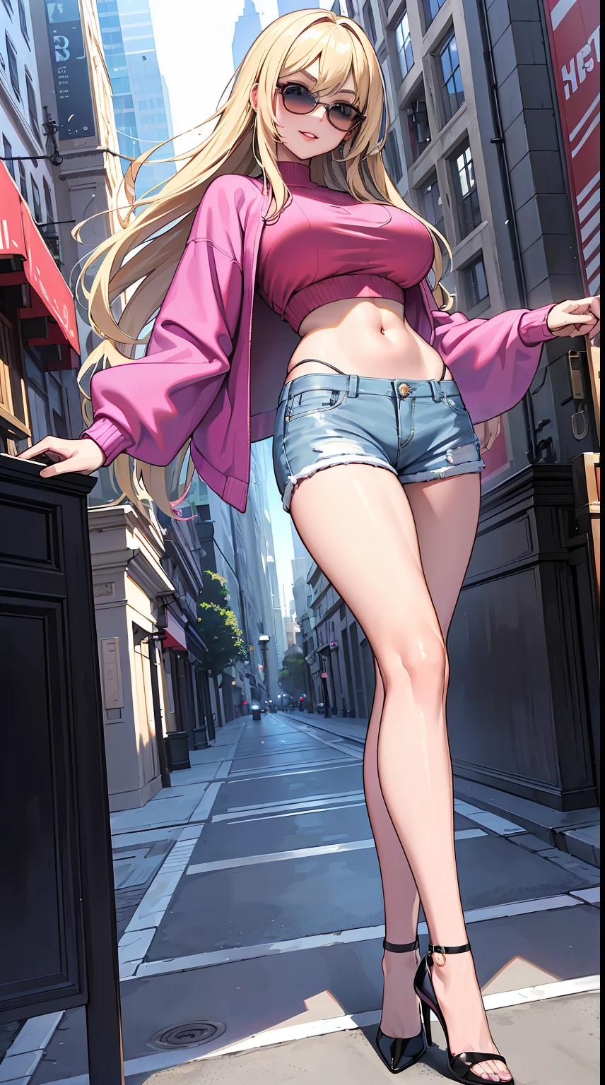 (best quality,4k,8k,highres,masterpiece:1.2),ultra-detailed,(realistic,photorealistic,photo-realistic:1.37),vibrant and excited,large-breasted,platinum blonde hair,tight pink crop top with long sleeves:1.5,booty shorts,tanned skin,big smile,sparkling blue eyes,well-groomed eyebrows,feminine figure,flawless makeup,high heels,confident posture,bright sunny background,vivid colors,studio lighting,soft shadows,sexy poses,cute accessories, big designer sunglasses:1.2, city street background:1.2,playful expressions,beautifully manicured nails,luscious lips.