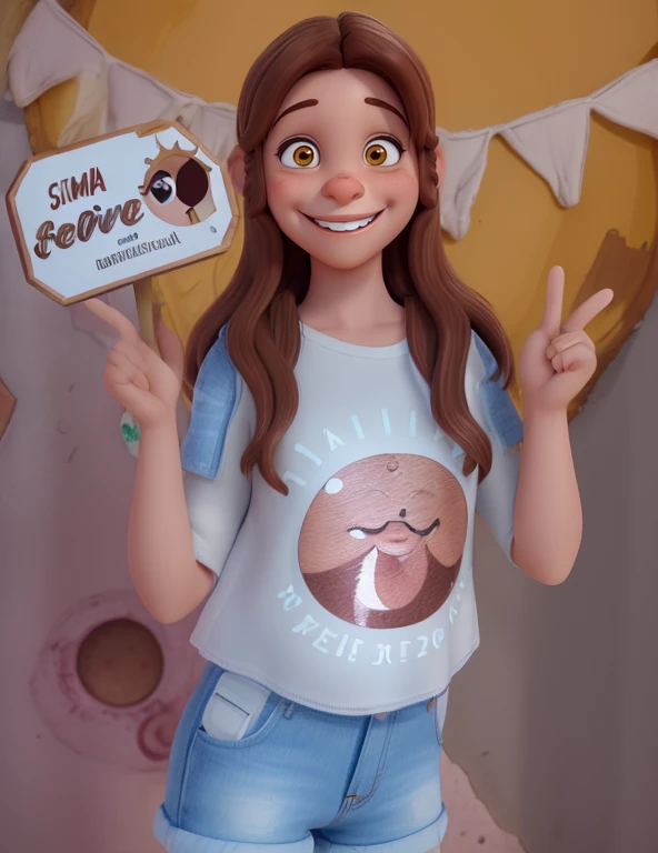 Uma menina sorrindo,with brown and medium hair, olho castanho segurando uma placa