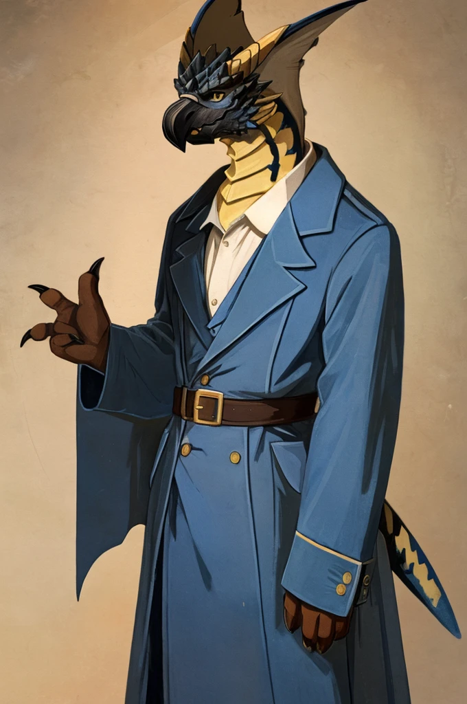 A Legiana as a German official posing for a portrait, white-blue uniform, clawed fingers, 4 fingers, 1900s photograph, long coat, open coat, blue outlining, padded fingers, golden-blue belt, tail, yellow eyes, front view,