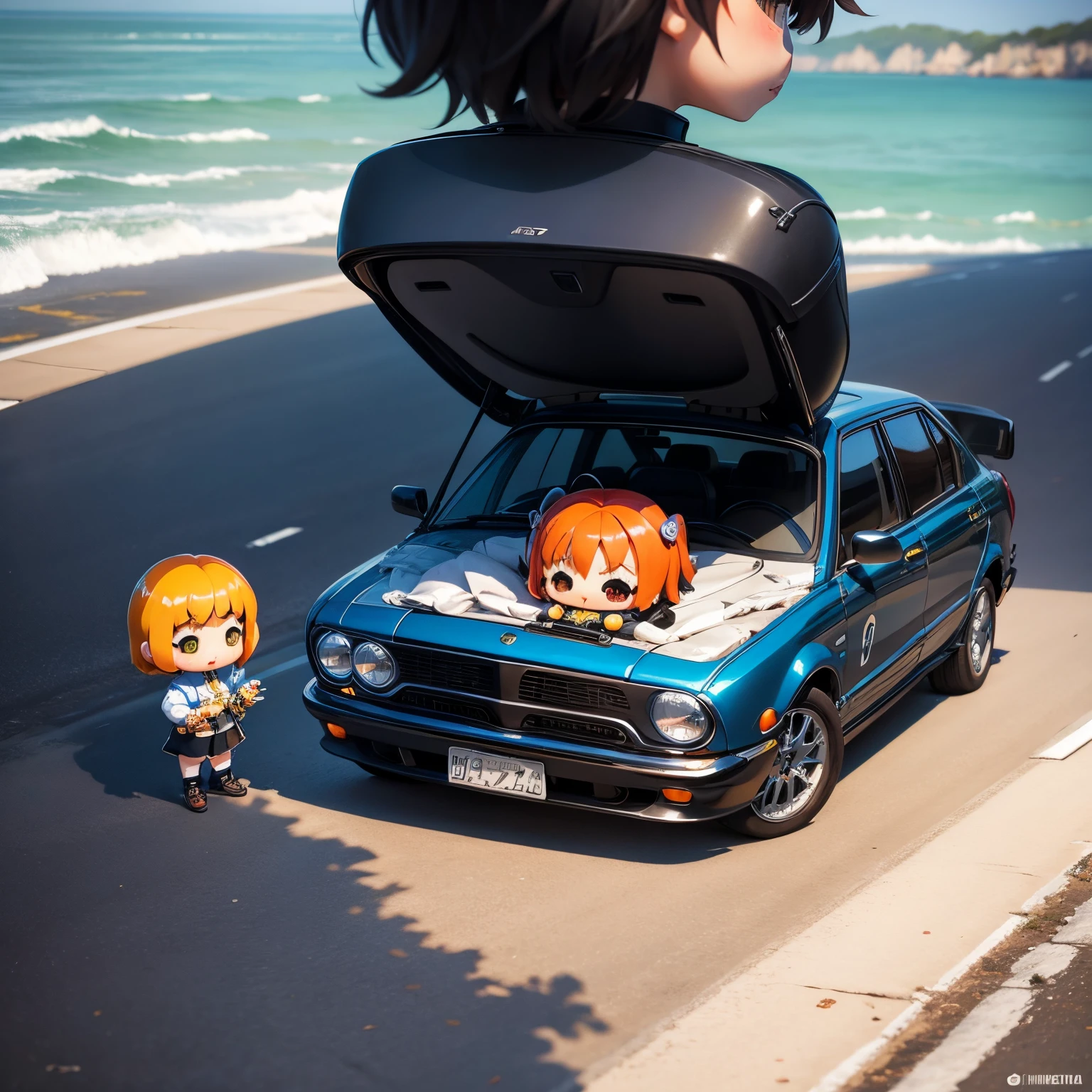 masterpiece、top-quality、ultra-detailliert、(Chibi Chara:1.2)、taxis、Coastal roads