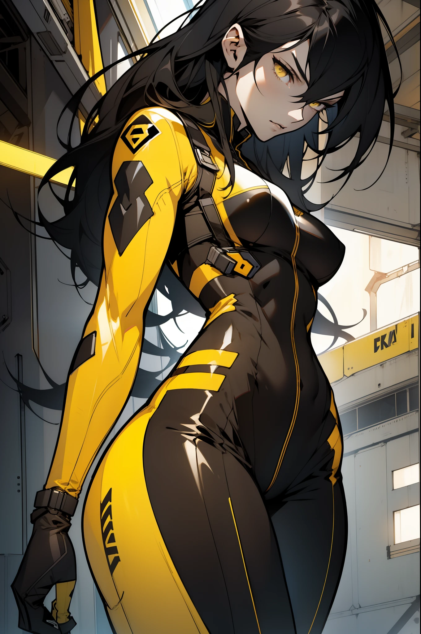 1 girl, black hair, yellow eyes, very long hair, pale skin, fit body, slender body, slim waist, large breasts, (confident expression), pilot suit, thigh gap, bare thighs, sleeveless