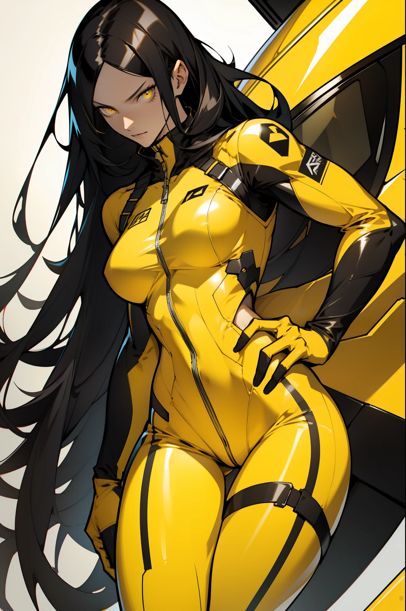 1 girl, black hair, yellow eyes, very long hair, pale skin, fit body, slender body, slim waist, large breasts, (confident expression), pilot suit, thigh gap, bare thighs, sleeveless