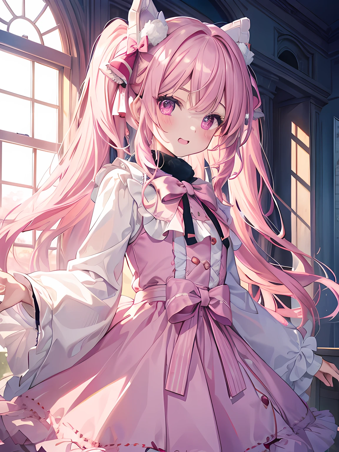 On a table, Best quality, (is a perfect face:1.1), (high detal:1.1), (Ultra-detailed eyes), theatrical,  Super exquisite illustrations, The content is very detailed,1 girl in, (pale-skinned),ssmile, with her mouth open,glowing light eyes,with pink hair, (double tails),Ethereal eyes, Pink eye,(Light eyebrows),The face is red, Alone,pouty,电影灯光,cow boy shooting,（The subject:Pink 1:1）Lolita clothes,frilld, bow ribbon, Pink, longer sleeves, Long Muffler, Manteau, frilld, bow ribbon, Pink, parks, Yuki, winter atmosphere