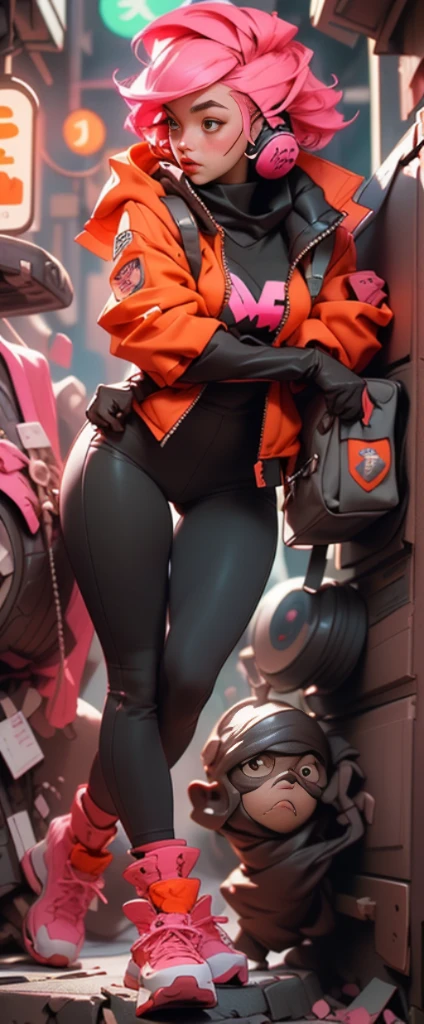 ((Best quality)), ((masterpiece)), ((realistic)) and ultra-detailed photography of a 1nerdy girl with neon headphones. She has ((pink hair)), is wearing an orange techwear jacket, and exudes a ((beautiful and aesthetic)) vibe.