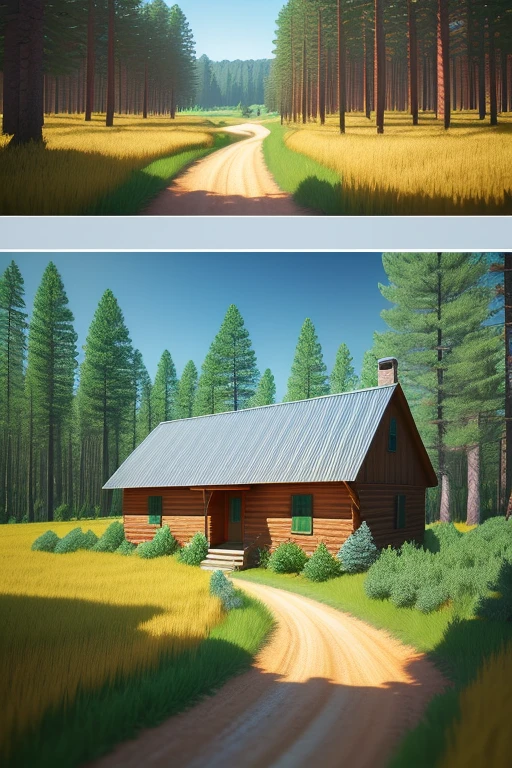 Wheat field on the right and meadow on the left with a pine forest behind, in between a dirt road. In front of the pine trees a cozy cottage., photo, poster, 3d render, vibrant, illustration