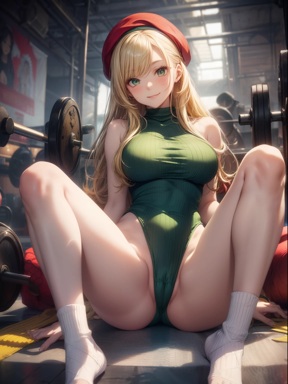 top-quality、Full limbs、complete fingers、Slender beauty、Women with straight hair、(Women with blonde hair)、Longhair Woman、(Red beret)、(Beautiful busty woman:1.3)、(A woman wearing a knitted yellow-green leotard)、A big smile、gym、Naughty Poses、sleeveless、Raw feet